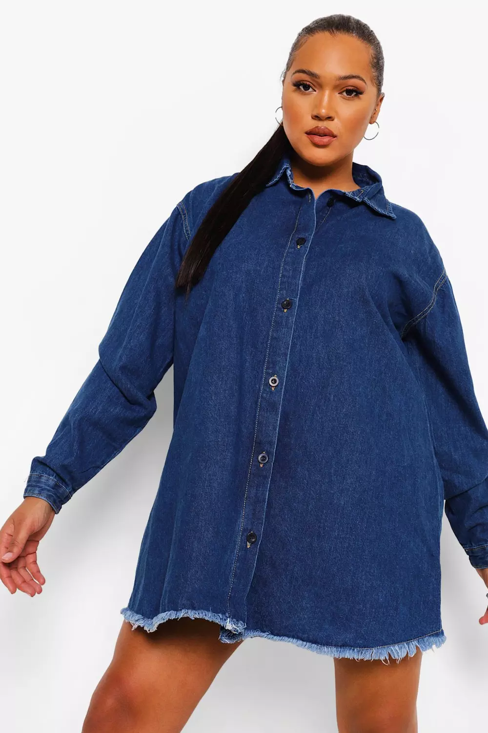 Denim frayed hem deals long sleeve shirt dress